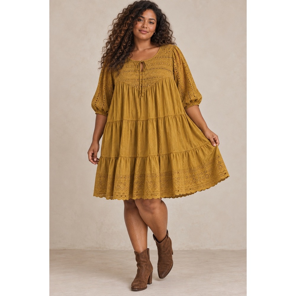 Old Navy Mustard Yellow Eyelet Tiered Babydoll Dress XXL Boho Puff Sleeve
